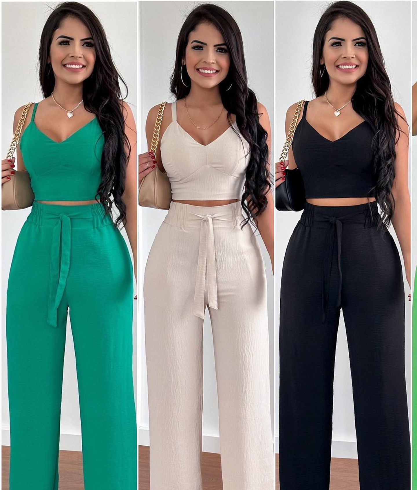 Conjunto feminino duna areia calça pantalona e cropped com bojo Alça regulagem alfaiataria