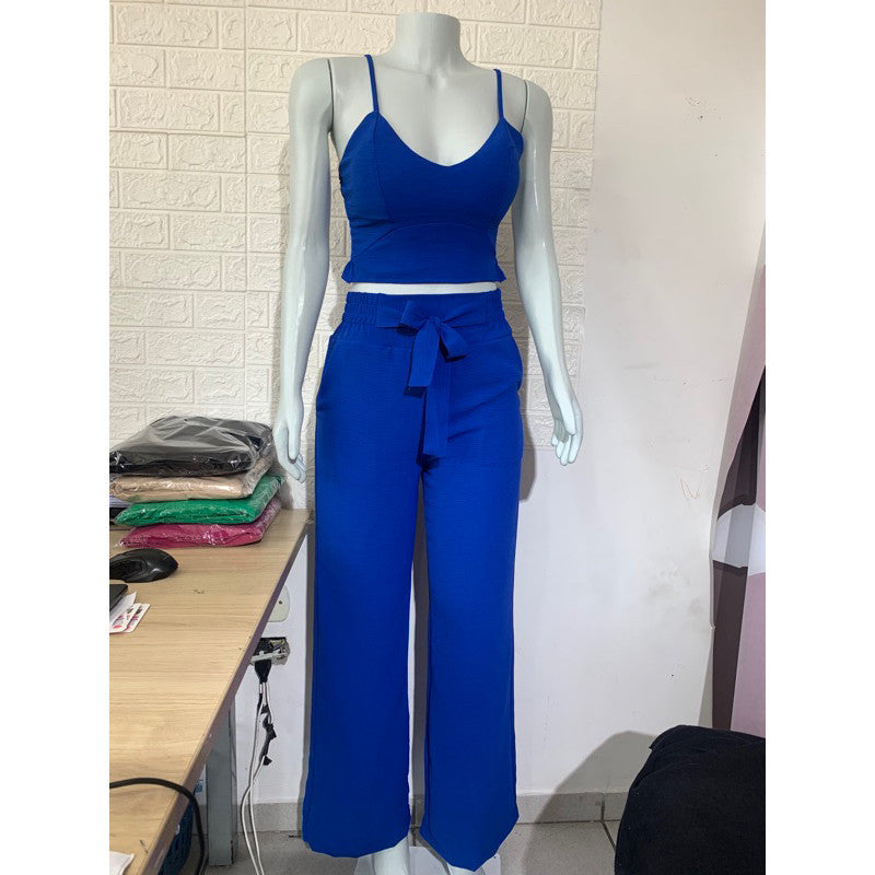 Conjunto feminino duna areia calça pantalona e cropped com bojo Alça regulagem alfaiataria