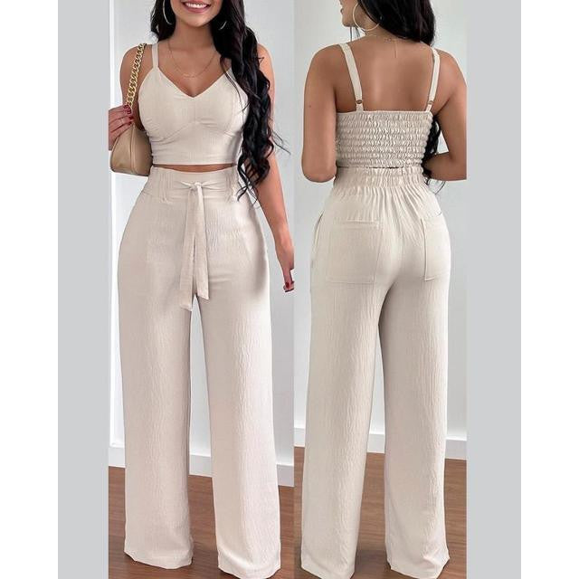 Conjunto feminino duna areia calça pantalona e cropped com bojo Alça regulagem alfaiataria