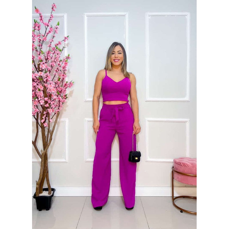 Conjunto feminino duna areia calça pantalona e cropped com bojo Alça regulagem alfaiataria