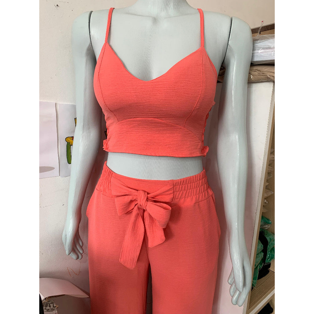 Conjunto feminino duna areia calça pantalona e cropped com bojo Alça regulagem alfaiataria