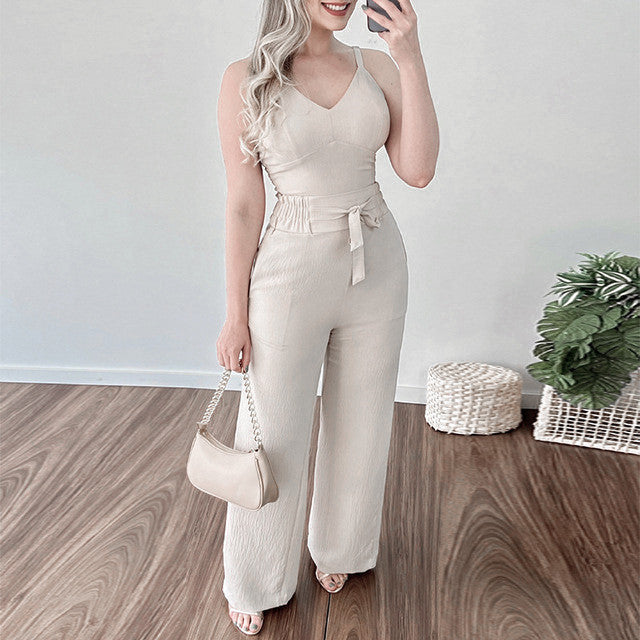 Conjunto feminino duna areia calça pantalona e cropped com bojo Alça regulagem alfaiataria