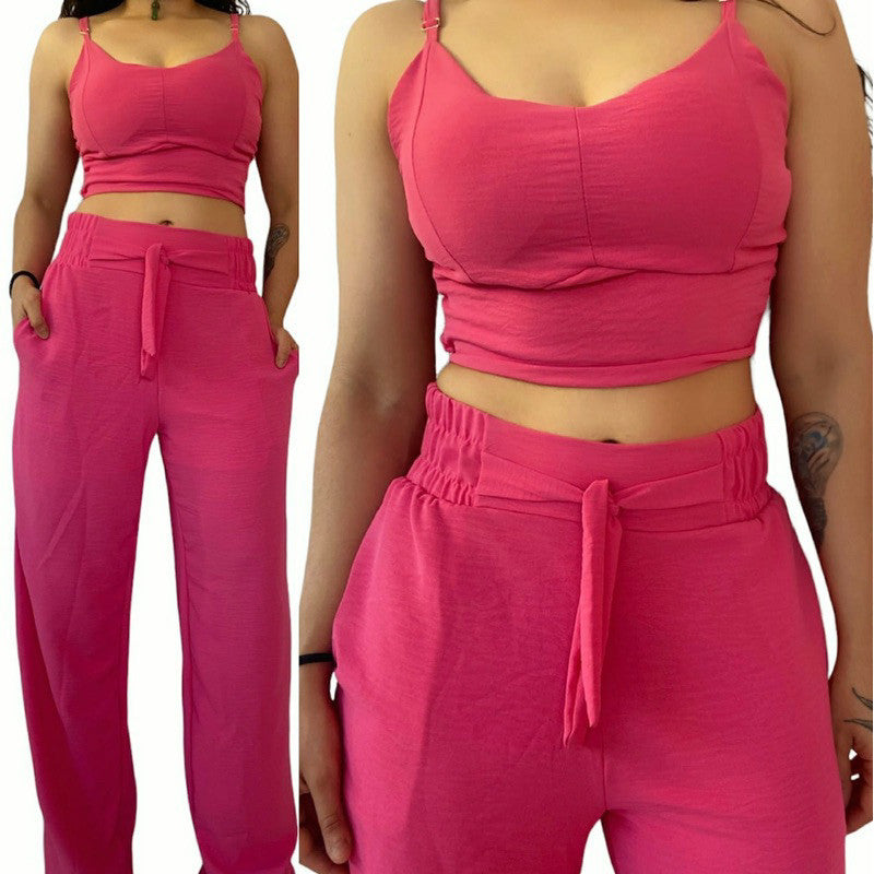 Conjunto feminino duna areia calça pantalona e cropped com bojo Alça regulagem alfaiataria