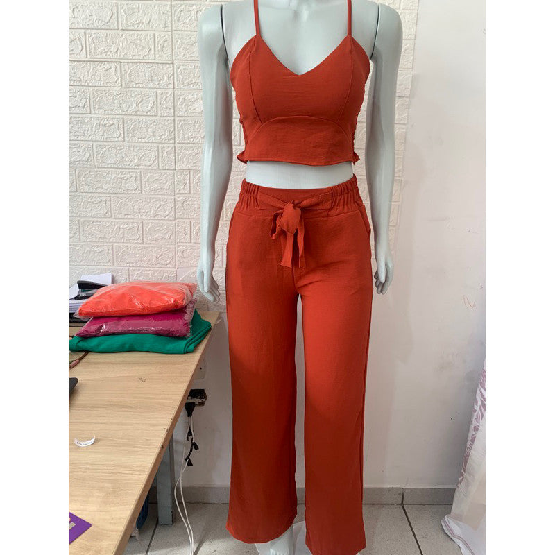 Conjunto feminino duna areia calça pantalona e cropped com bojo Alça regulagem alfaiataria