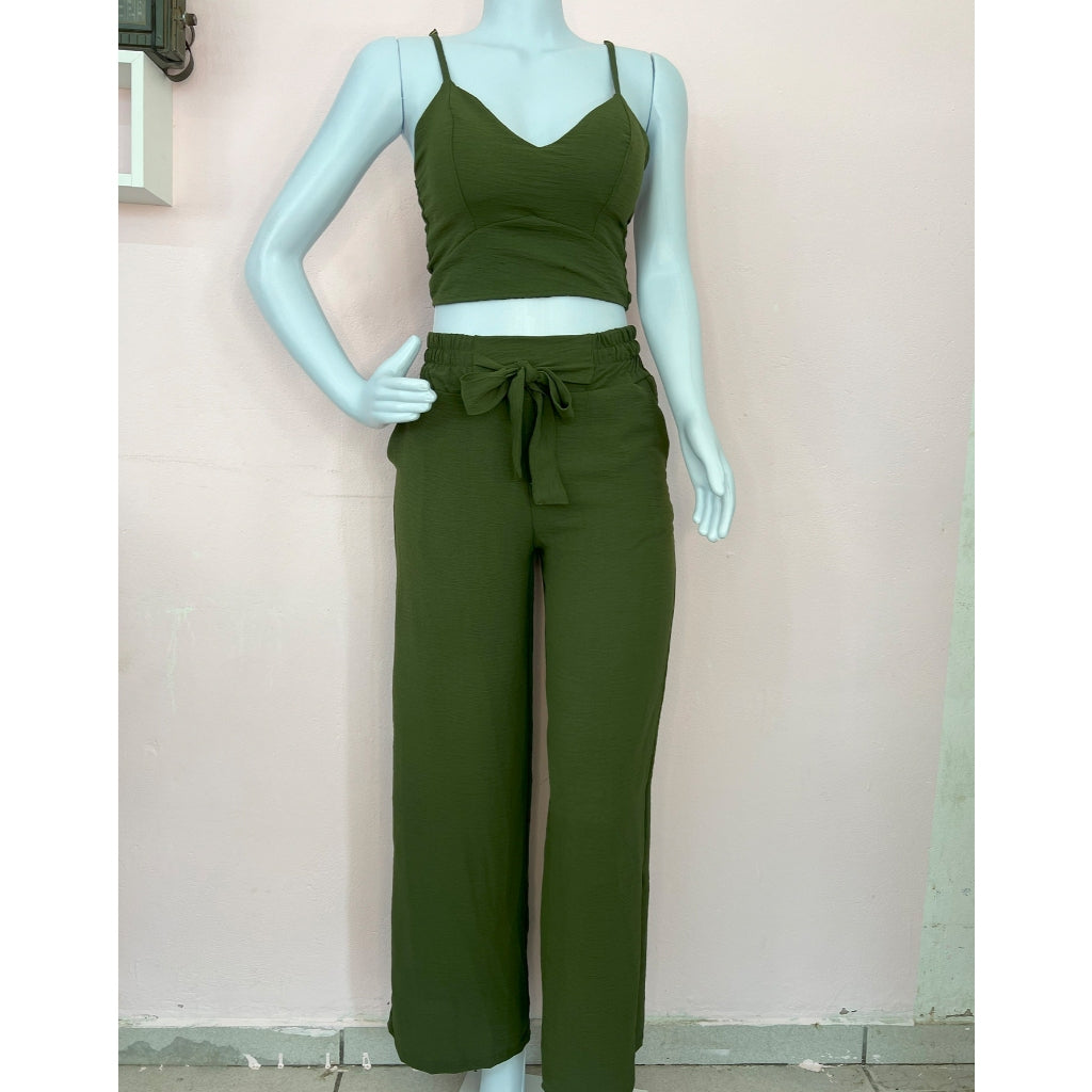 Conjunto feminino duna areia calça pantalona e cropped com bojo Alça regulagem alfaiataria