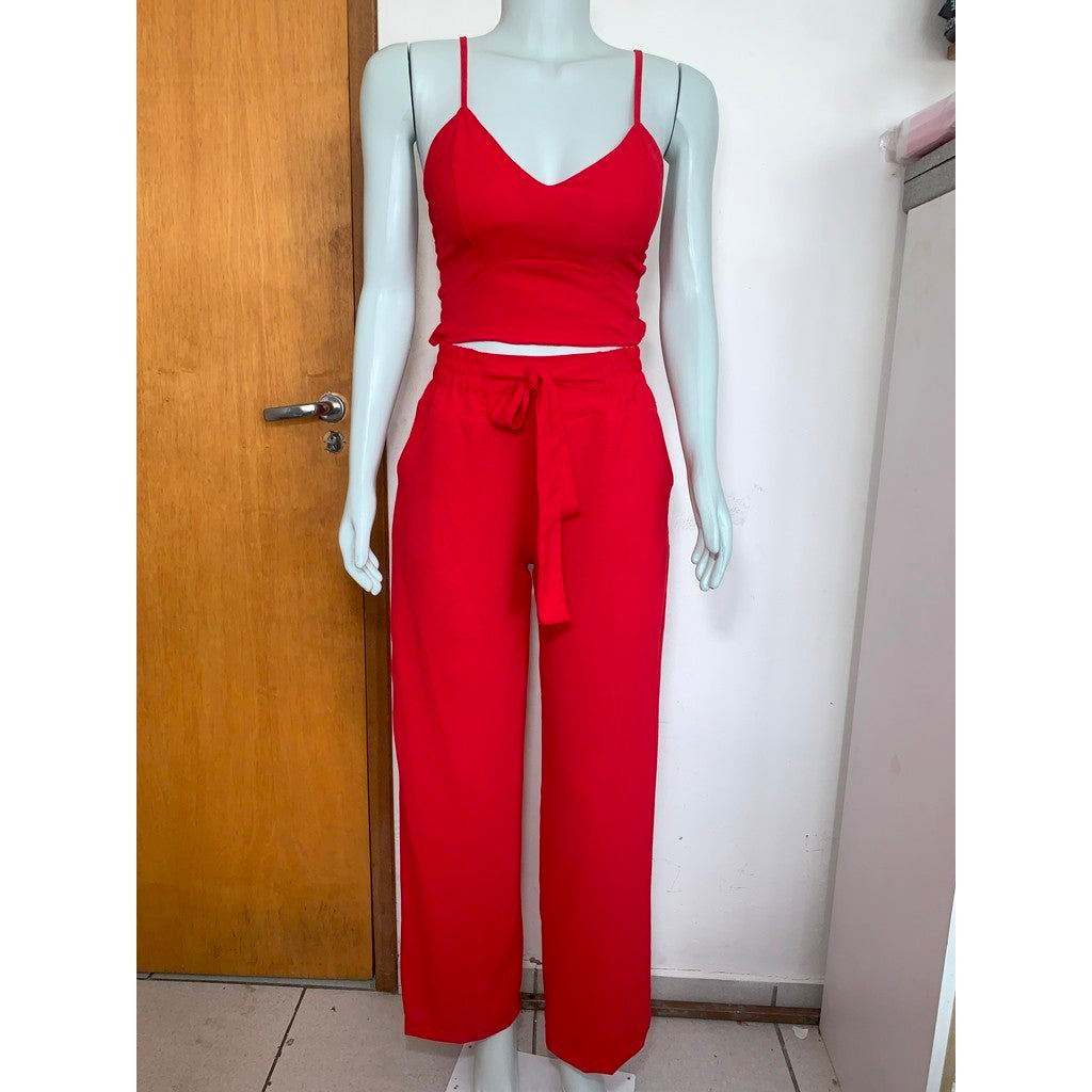 Conjunto feminino duna areia calça pantalona e cropped com bojo Alça regulagem alfaiataria