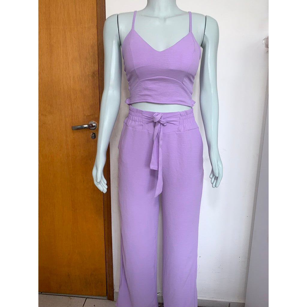 Conjunto feminino duna areia calça pantalona e cropped com bojo Alça regulagem alfaiataria