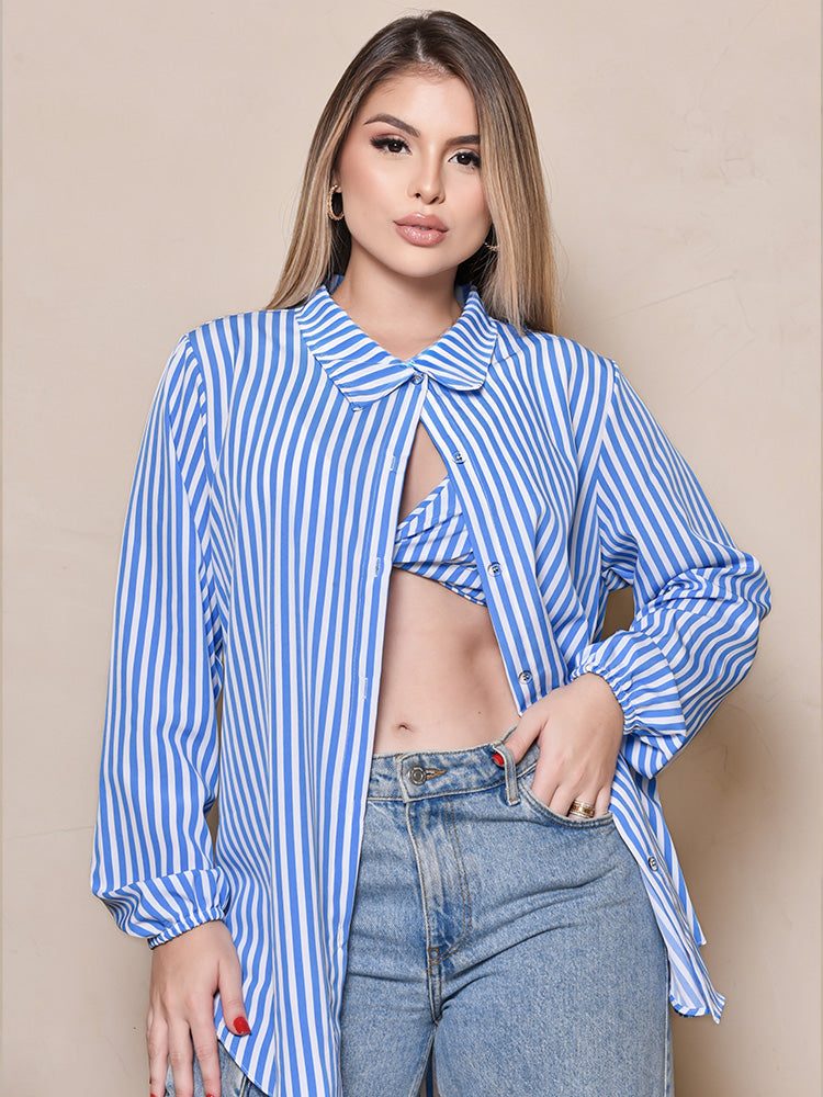 Conjunto Camisa liso é Listrado com cropped elegante Pano Botões na frente Escritório, Festa look perfeito.