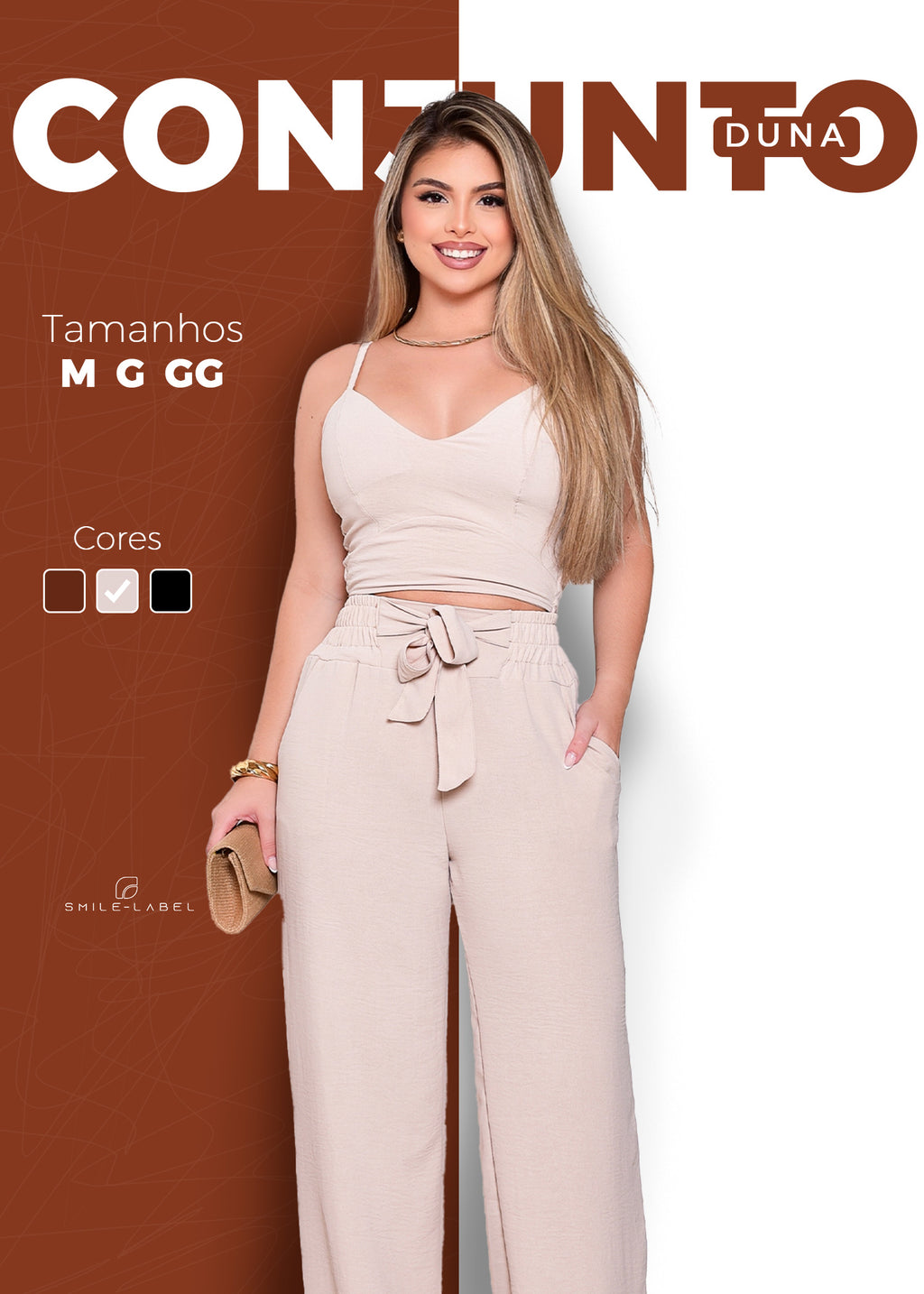 Conjunto feminino duna areia calça pantalona e cropped com bojo Alça regulagem alfaiataria